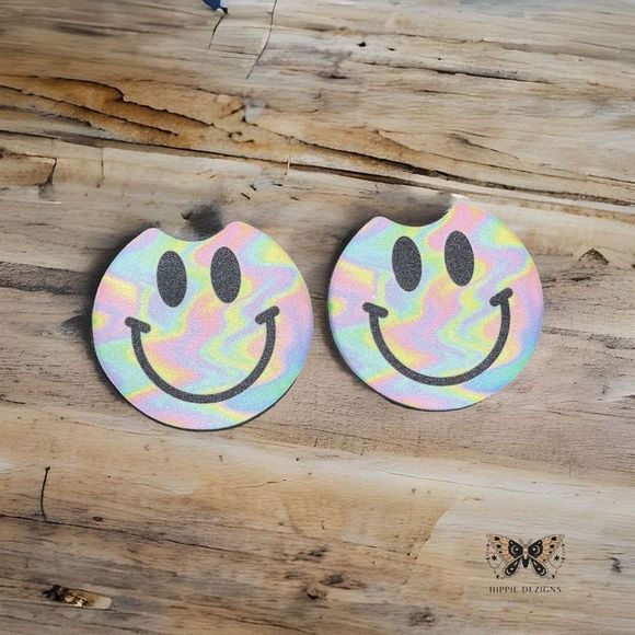 Rainbow Holographic Smiley Face Car Coaster Set | Car Access - Picture 1 of 12